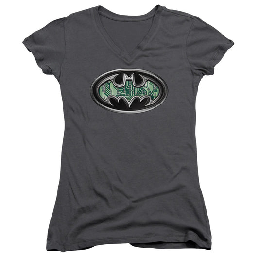 Batman Circuitry Shield Junior Sheer Cap Sleeve V Neck Womens T Shirt Charcoal