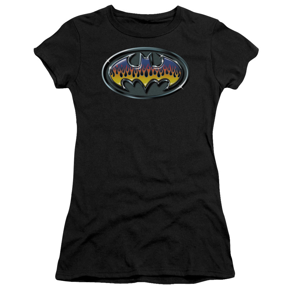 Batman Hot Rod Shield Junior Sheer Cap Sleeve Womens T Shirt Black