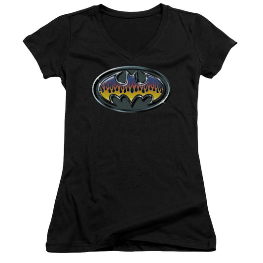 Batman Hot Rod Shield Junior Sheer Cap Sleeve V Neck Womens T Shirt Black