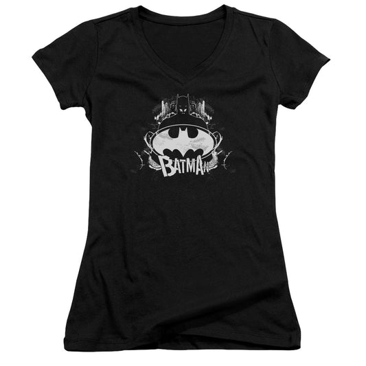 Batman Grim & Grity Junior Sheer Cap Sleeve V Neck Womens T Shirt Black