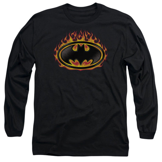 Batman Bat Flames Shield Mens Long Sleeve Shirt Black