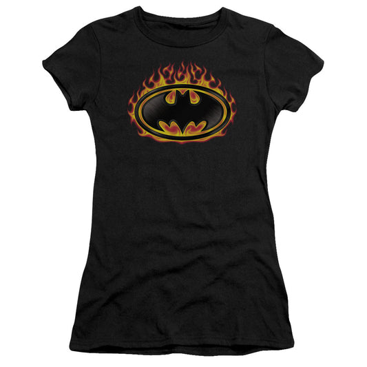 Batman Bat Flames Shield Junior Sheer Cap Sleeve Womens T Shirt Black