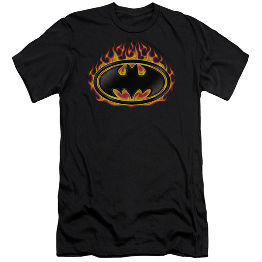 Batman Bat Flames Shield Slim Fit Mens T Shirt Black
