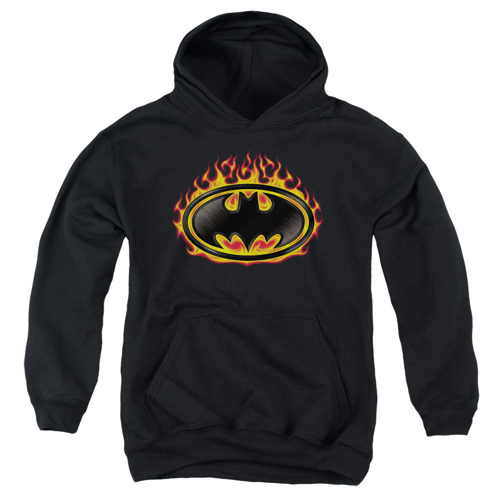 Batman Bat Flames Shield Kids Youth Hoodie Black