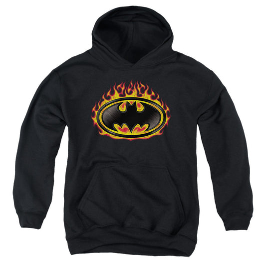Batman Bat Flames Shield Kids Youth Hoodie Black