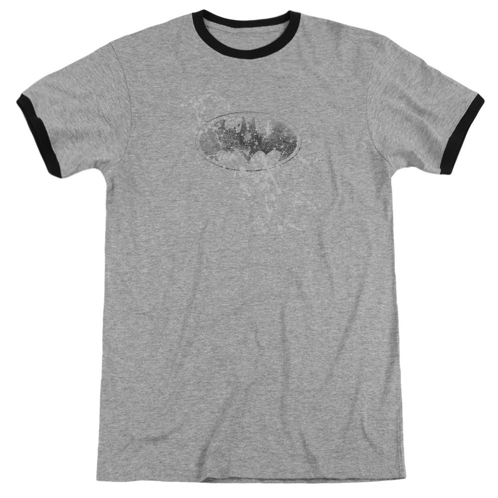 Batman Burned & Splatered Heather Ringer Mens T Shirt Heather Black