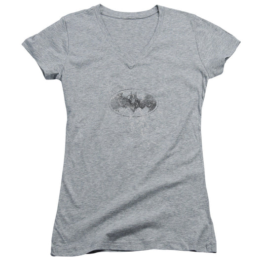 Batman Burned & Splatered Junior Sheer Cap Sleeve V Neck Womens T Shirt Athletic Heather