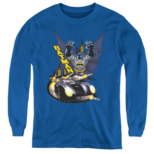 Batman By Air & By Land Long Sleeve Kids Youth T Shirt Royal Blue
