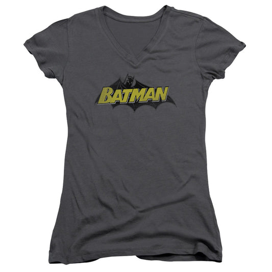 Batman Classic Comic Logo Junior Sheer Cap Sleeve V Neck Womens T Shirt Charcoal