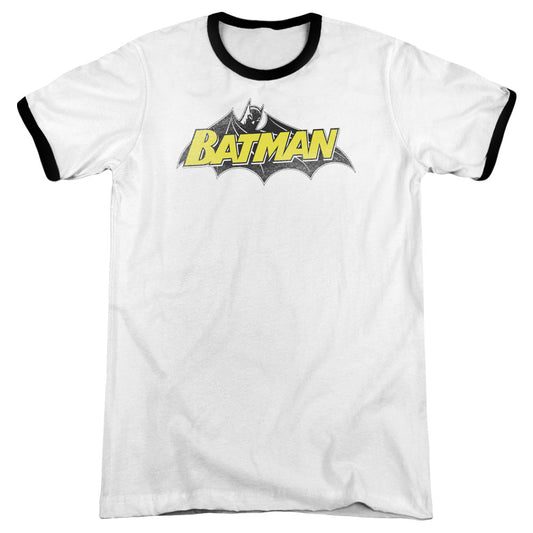 Batman Classic Logo Heather Ringer Mens T Shirt White Black