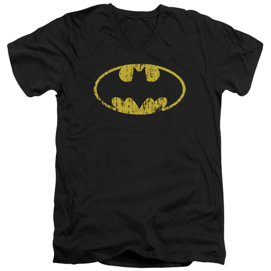Batman Classic Logo Distressed Mens Slim Fit V Neck T Shirt Black