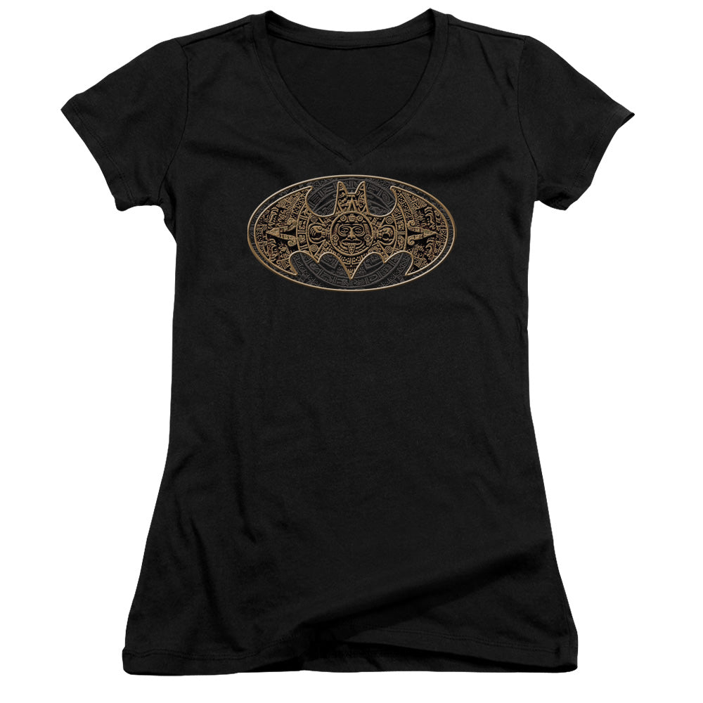 Batman Aztec Bat Logo Junior Sheer Cap Sleeve V Neck Womens T Shirt Black