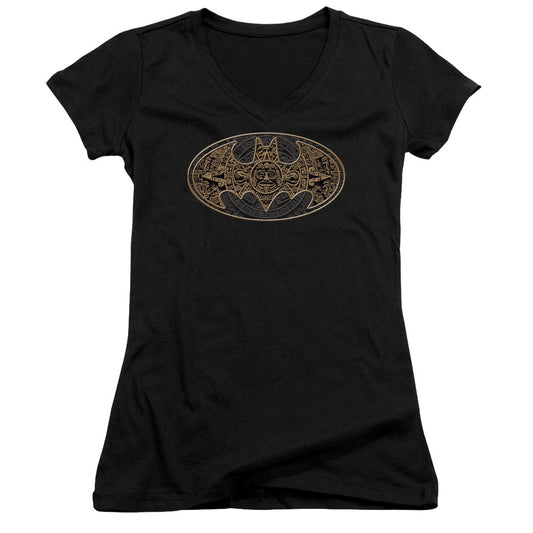Batman Aztec Bat Logo Junior Sheer Cap Sleeve V Neck Womens T Shirt Black