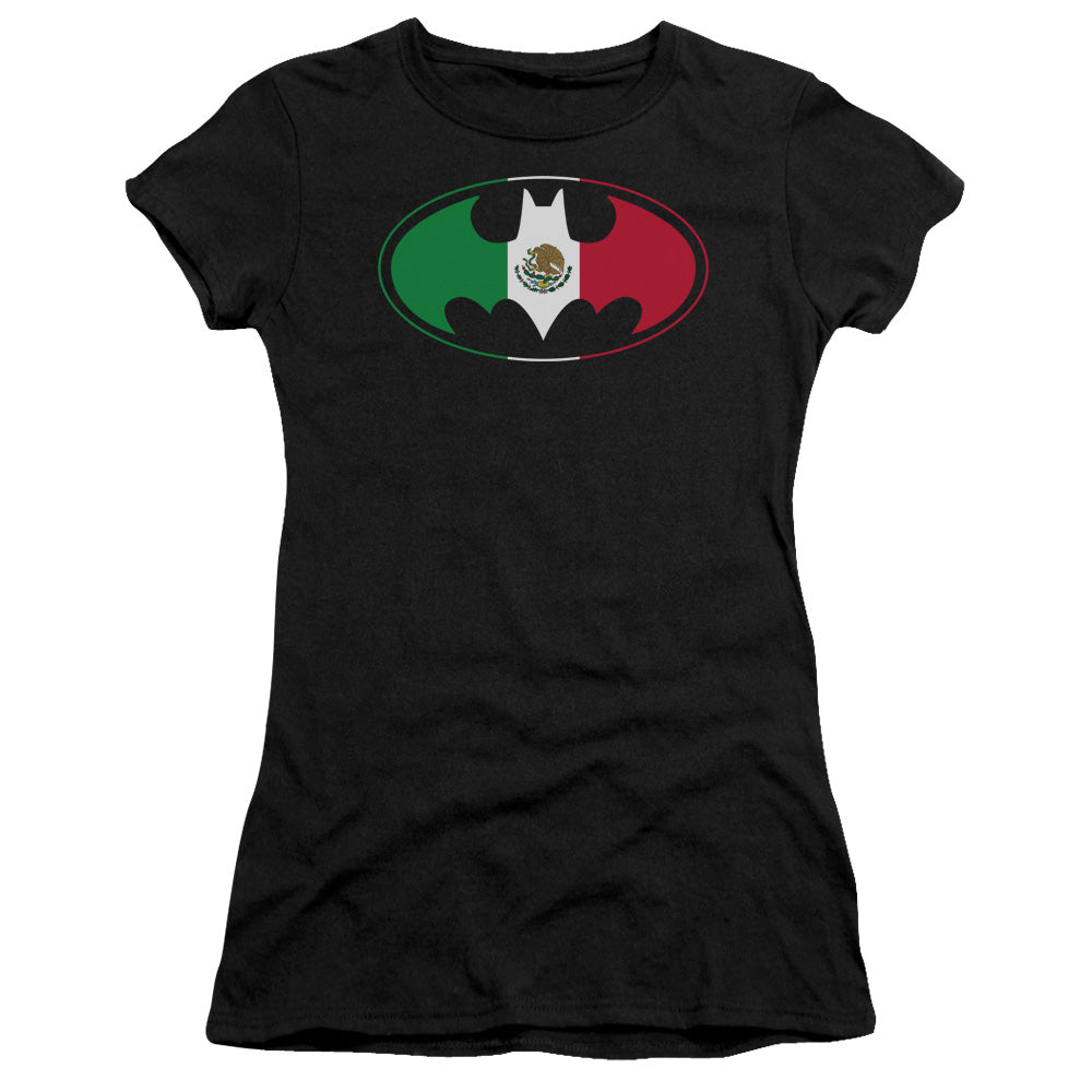 Batman Mexican Flag Shield Junior Sheer Cap Sleeve Womens T Shirt Black