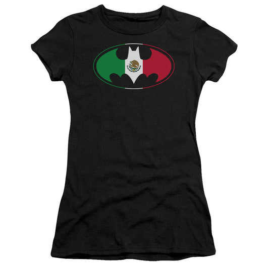 Batman Mexican Flag Shield Junior Sheer Cap Sleeve Womens T Shirt Black