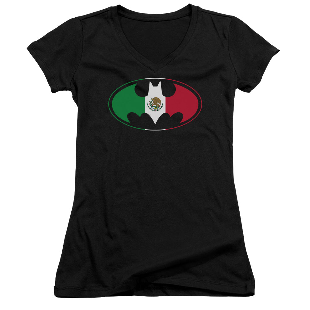 Batman Mexican Flag Shield Junior Sheer Cap Sleeve V Neck Womens T Shirt Black