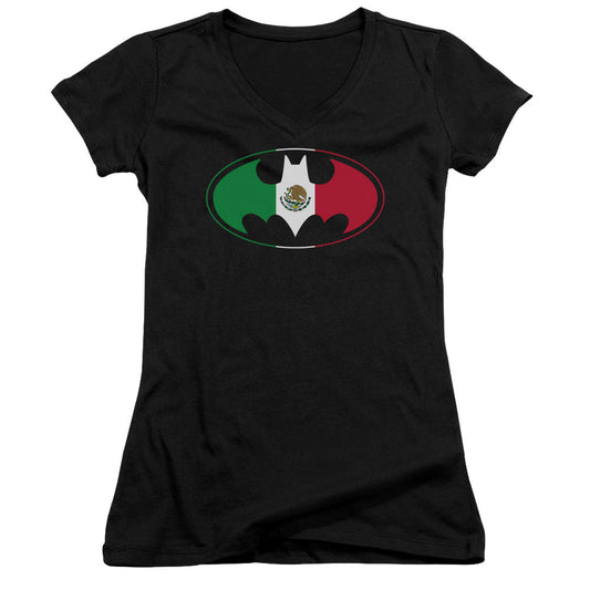 Batman Mexican Flag Shield Junior Sheer Cap Sleeve V Neck Womens T Shirt Black