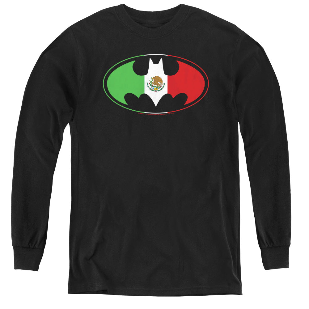 Batman Mexican Flag Shield Long Sleeve Kids Youth T Shirt Black