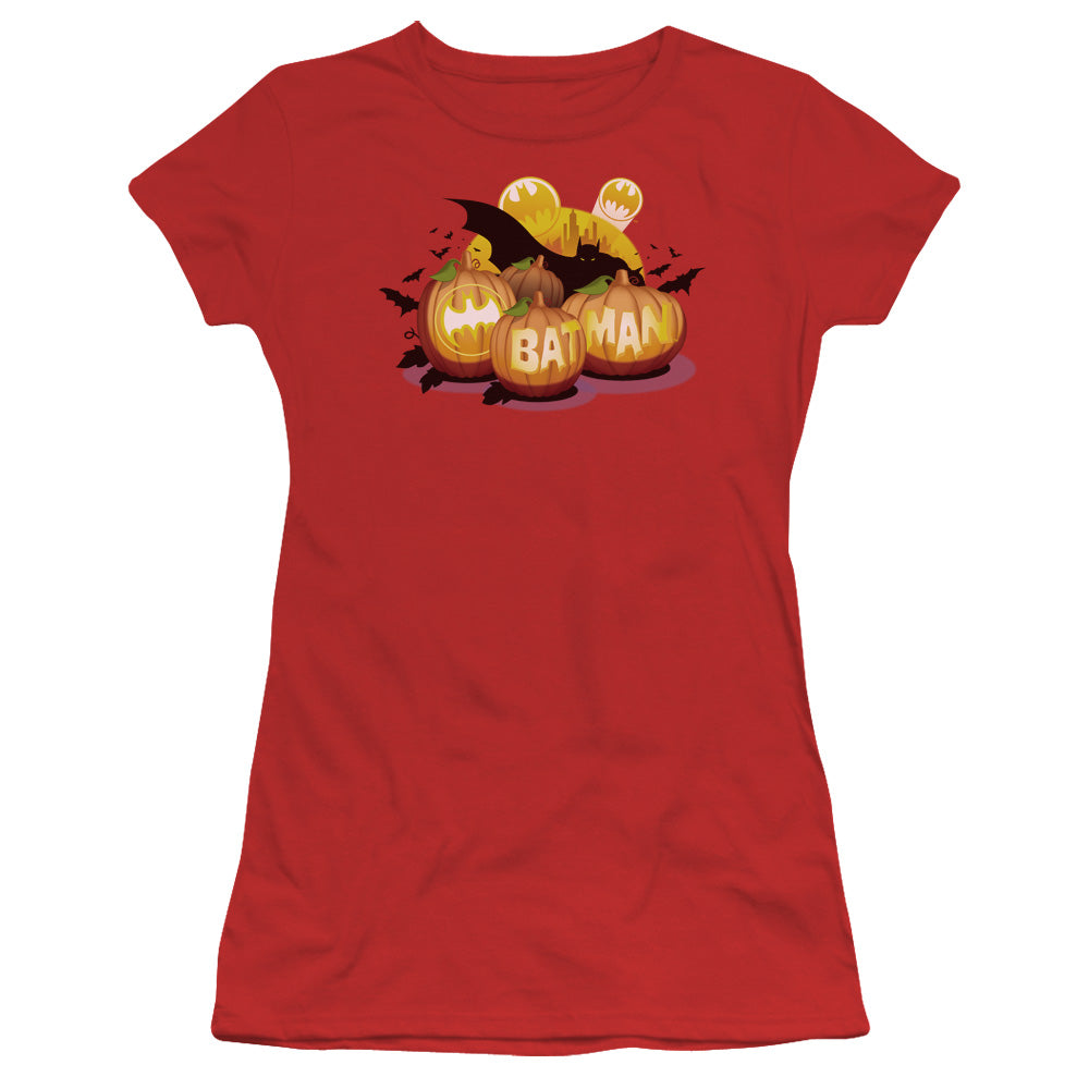 Batman Bat O Lanterns Junior Sheer Cap Sleeve Womens T Shirt Red