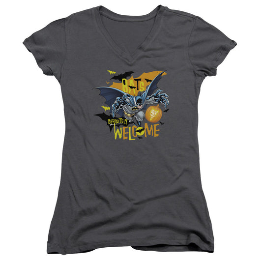 Batman Bats Welcome Junior Sheer Cap Sleeve V Neck Womens T Shirt Charcoal