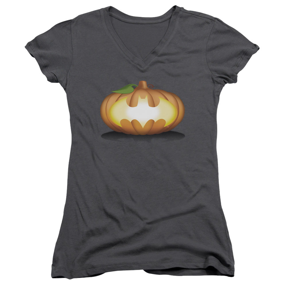 Batman Bat Pumpkin Logo Junior Sheer Cap Sleeve V Neck Womens T Shirt Charcoal