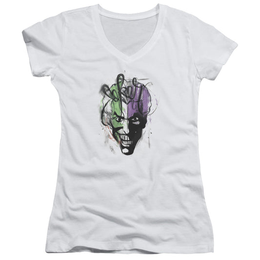 Batman Joker Airbrush Junior Sheer Cap Sleeve V Neck Womens T Shirt White