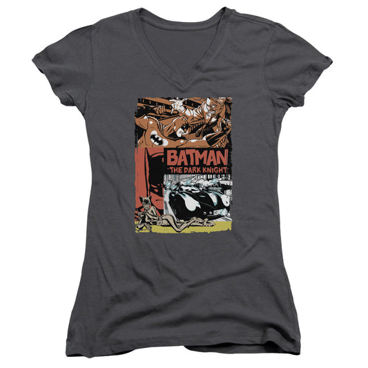 Batman Old Movie Poster Junior Sheer Cap Sleeve V Neck Womens T Shirt Charcoal
