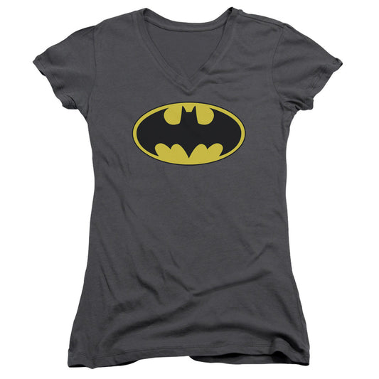 Batman Classic Bat Logo Junior Sheer Cap Sleeve V Neck Womens T Shirt Charcoal