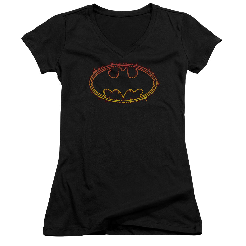 Batman Flame Outlined Logo Junior Sheer Cap Sleeve V Neck Womens T Shirt Black