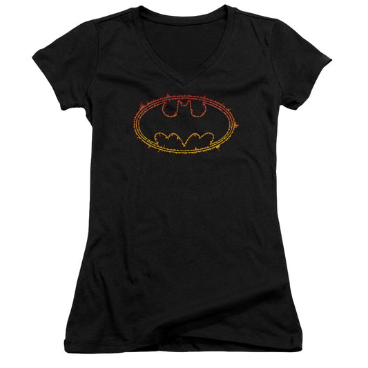 Batman Flame Outlined Logo Junior Sheer Cap Sleeve V Neck Womens T Shirt Black