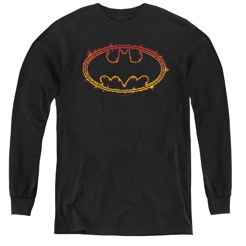 Batman Flame Outlined Logo Long Sleeve Kids Youth T Shirt Black