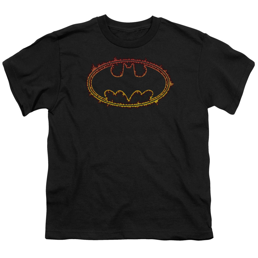 Batman Flame Outlined Logo Kids Youth T Shirt Black