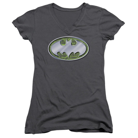 Batman Circuits Logo Junior Sheer Cap Sleeve V Neck Womens T Shirt Charcoal