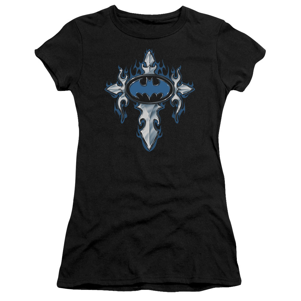Batman Gothic Steel Logo Junior Sheer Cap Sleeve Womens T Shirt Black