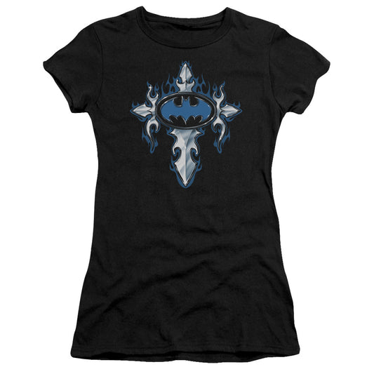 Batman Gothic Steel Logo Junior Sheer Cap Sleeve Womens T Shirt Black
