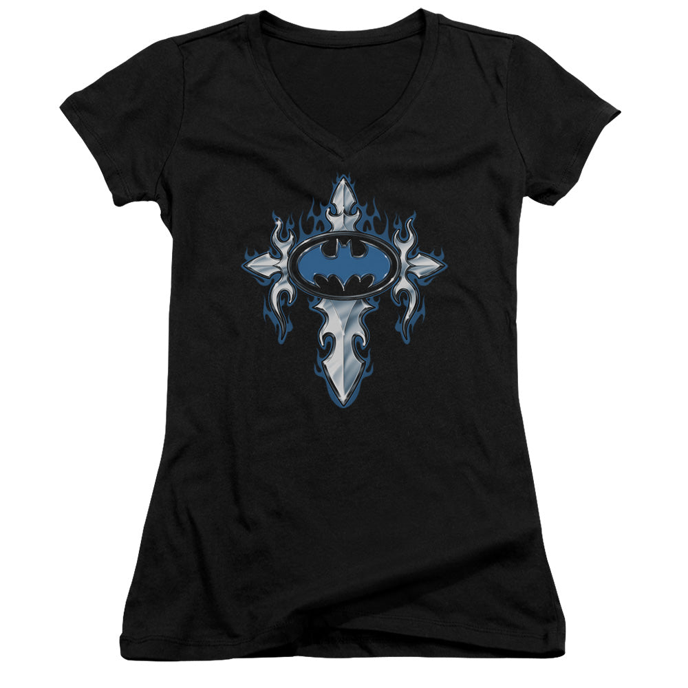 Batman Gothic Steel Logo Junior Sheer Cap Sleeve V Neck Womens T Shirt Black