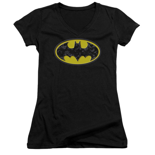 Batman Bats In Logo Junior Sheer Cap Sleeve V Neck Womens T Shirt Black