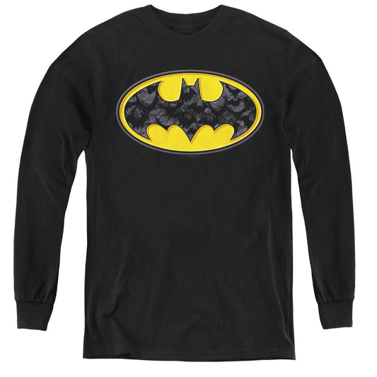 Batman Bats In Logo Long Sleeve Kids Youth T Shirt Black