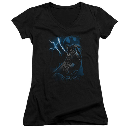 Batman Lightning Strikes Junior Sheer Cap Sleeve V Neck Womens T Shirt Black