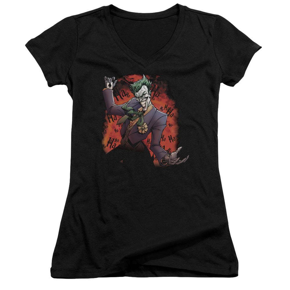Batman Jokers Ave Junior Sheer Cap Sleeve V Neck Womens T Shirt Black