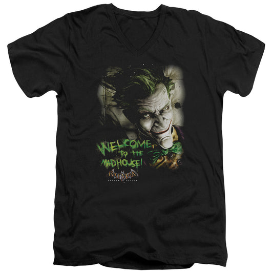 Batman Aa Welcome To The Madhouse Mens Slim Fit V Neck T Shirt Black