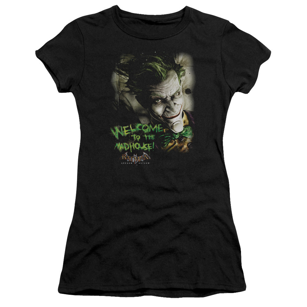 Batman Aa Welcome To The Madhouse Junior Sheer Cap Sleeve Womens T Shirt Black
