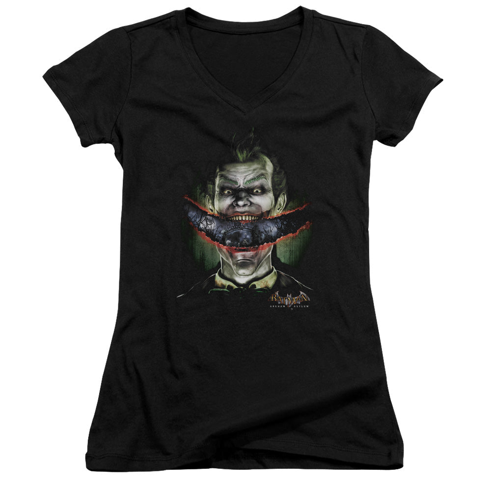 Batman Aa Crazy Lips Junior Sheer Cap Sleeve V Neck Womens T Shirt Black