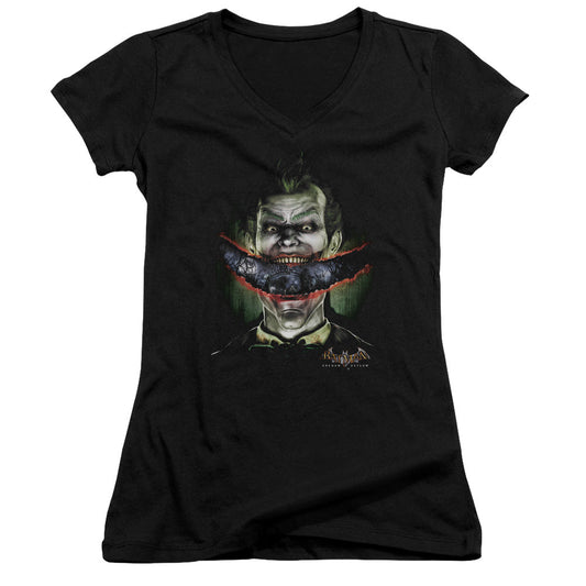 Batman Aa Crazy Lips Junior Sheer Cap Sleeve V Neck Womens T Shirt Black