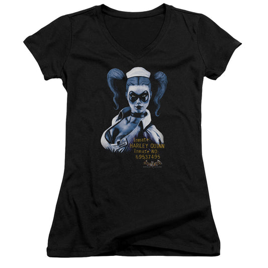 Batman Aa Arkham Harley Quinn Junior Sheer Cap Sleeve V Neck Womens T Shirt Black