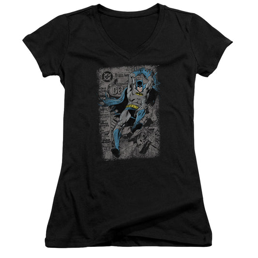 Batman Detective #487 Distress Junior Sheer Cap Sleeve V Neck Womens T Shirt Black