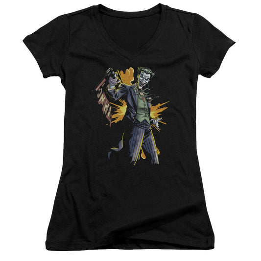 Batman Joker Bang Junior Sheer Cap Sleeve V Neck Womens T Shirt Black