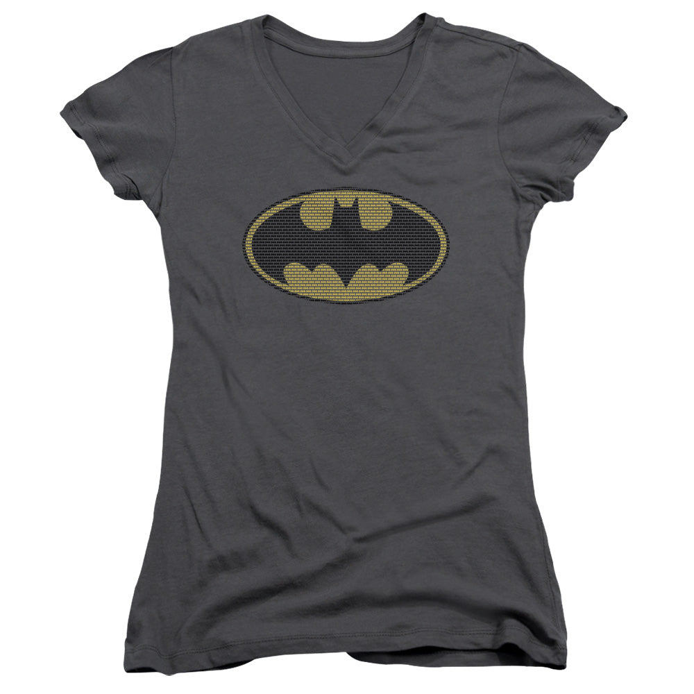 Batman Litle Logos Junior Sheer Cap Sleeve V Neck Womens T Shirt Charcoal