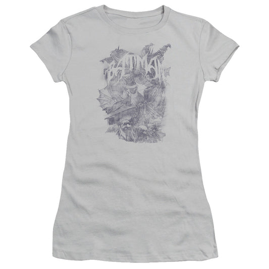 Batman Pencil Bat Collage Junior Sheer Cap Sleeve Womens T Shirt Silver