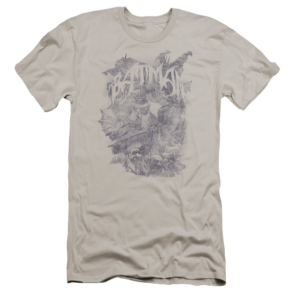 Batman Pencil Bat Collage Premium Bella Canvas Slim Fit Mens T Shirt Silver